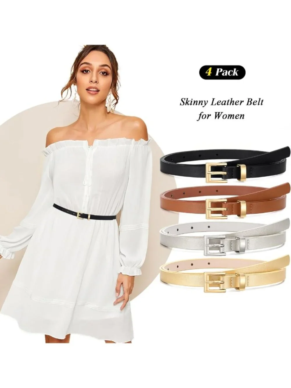 Set of 4 Women's Skinny Leather Belts - Thin Waist Belts with Metal Buckle for